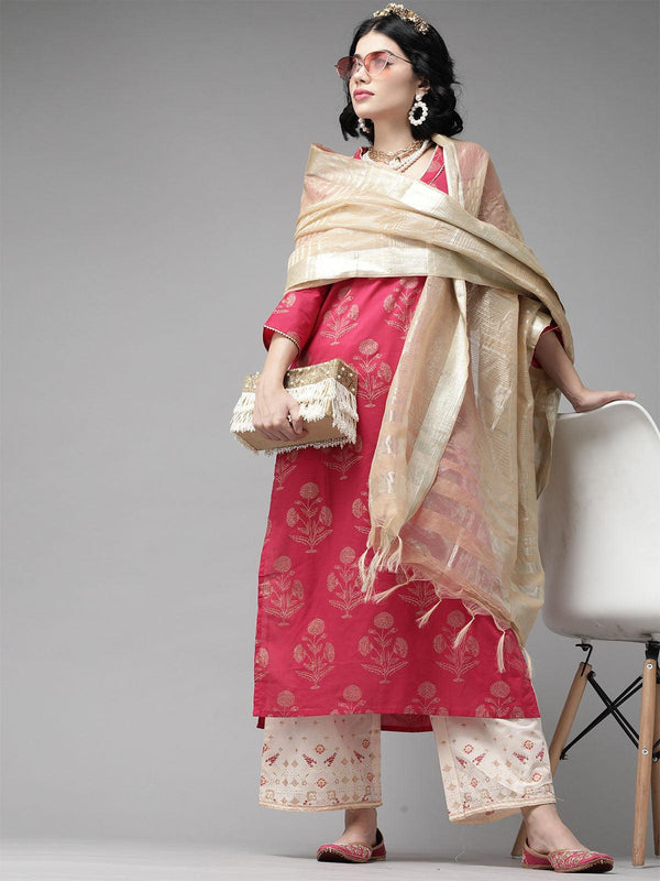 Women's Pink Foil Printed Straight Kurta Palazzo With Dupatta Set - Odette