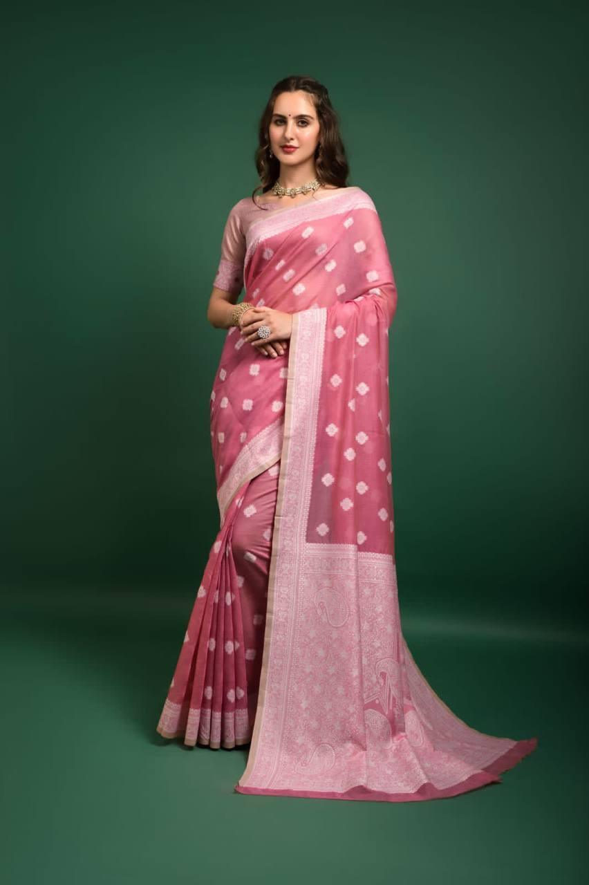 Pink Lucknowi Chikankari Saree - Indiakreations