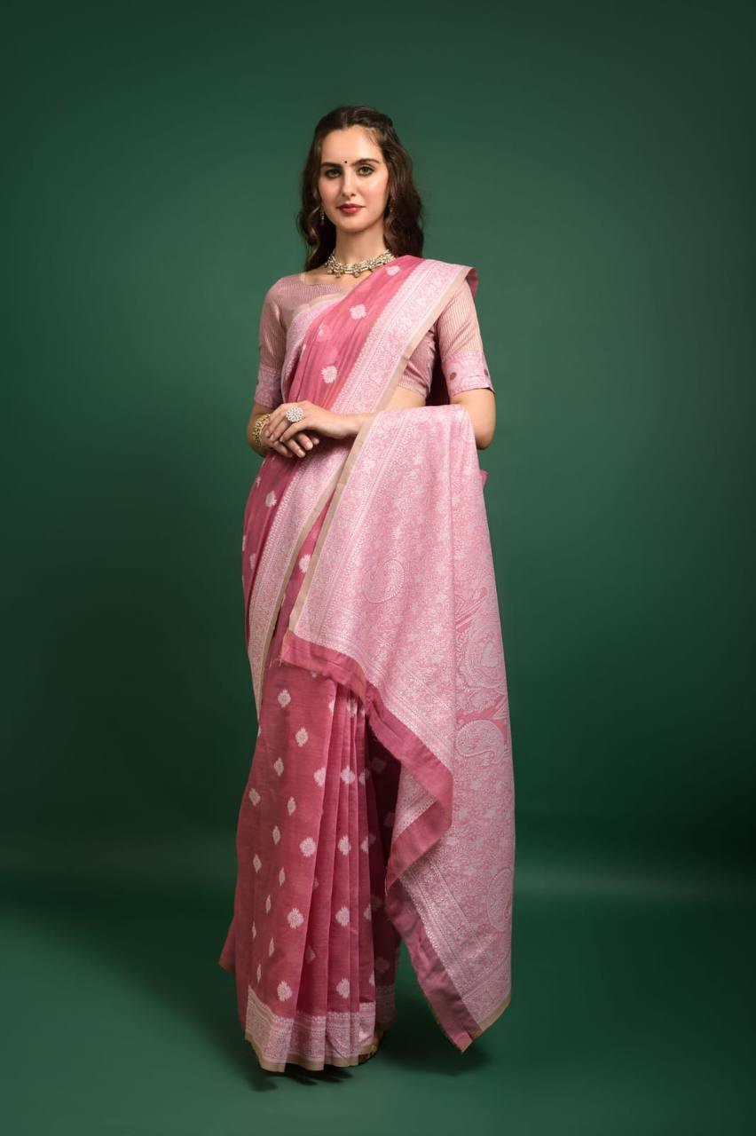 Pink Lucknowi Chikankari Saree - Indiakreations