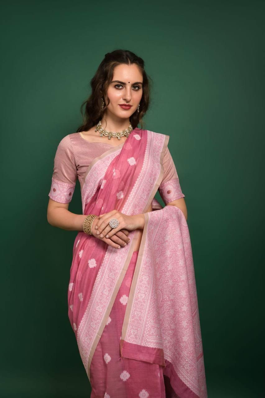 Pink Lucknowi Chikankari Saree - Indiakreations