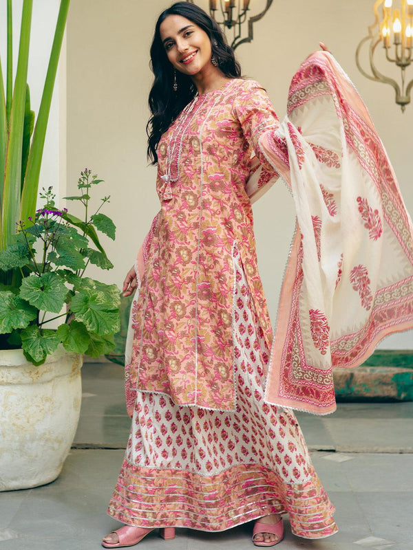 Pink Printed Cotton Straight Kurta With Skirt & Dupatta