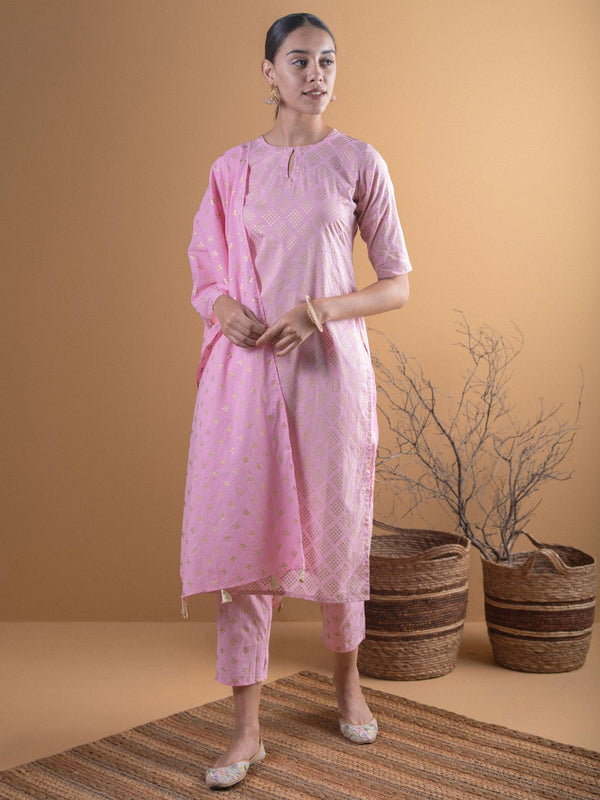 Pink Printed Cotton Straight Kurta With Stole