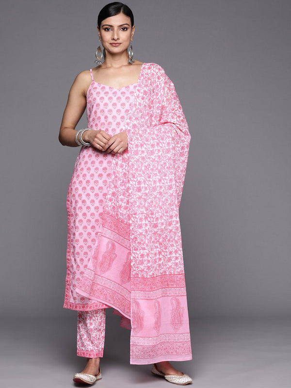 Pink Printed Cotton Straight Kurta With Trousers & Dupatta