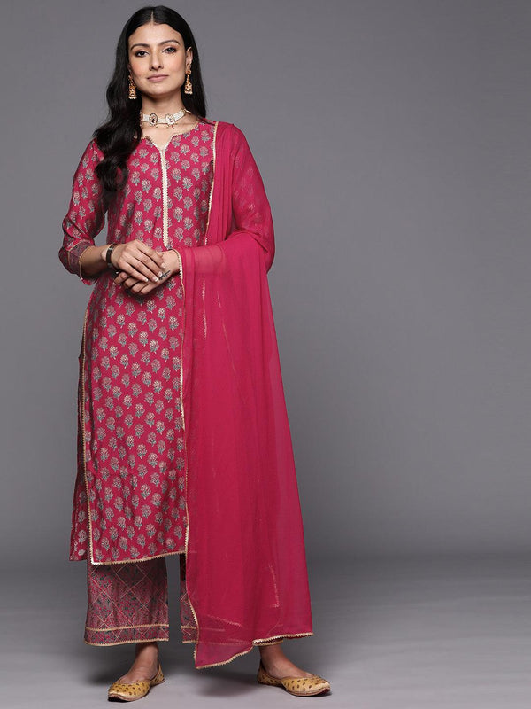 Pink Printed Silk Blend Straight Kurta With Palazzos & Dupatta