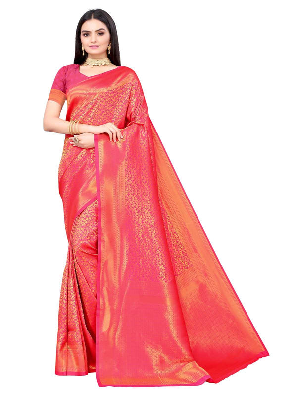 Women's Pink Silk Blend Woven Saree With Blouse - Odette