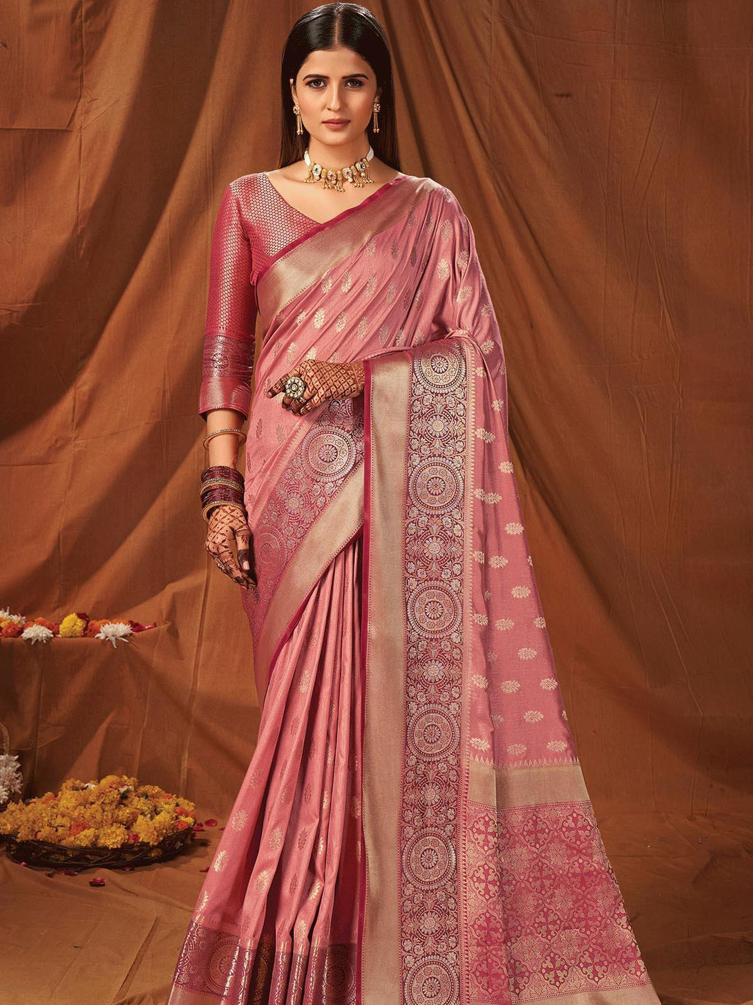 Women's Pink Silk Heavy Jari Woven Designer Saree - Odette - Indiakreations