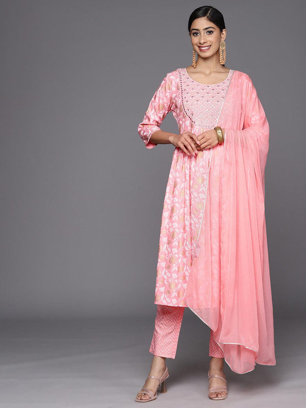 Pink Yoke Design Rayon A-Line Kurta With Trousers & Dupatta