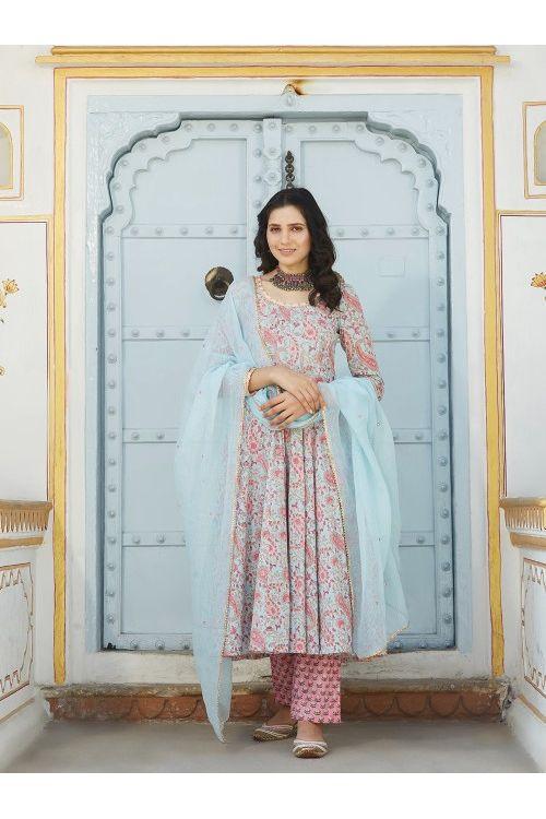 Firozi pink Anarkali Set - Indiakreations