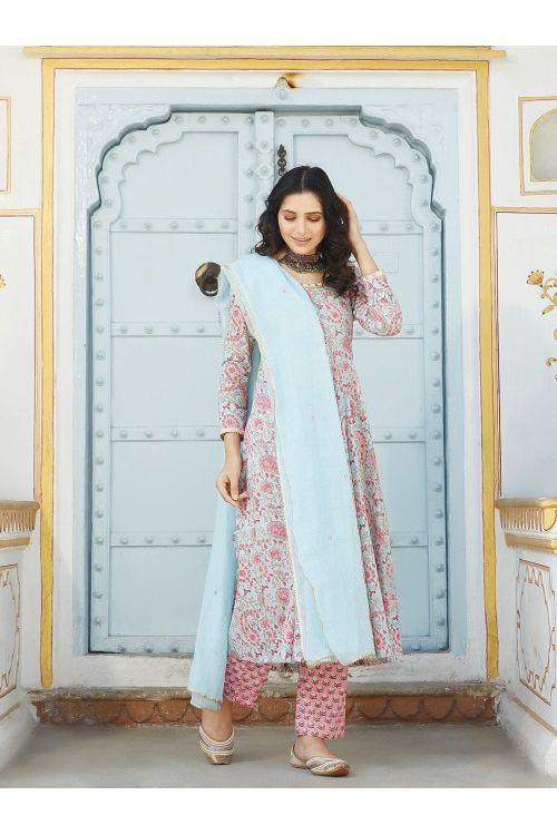 Firozi pink Anarkali Set - Indiakreations