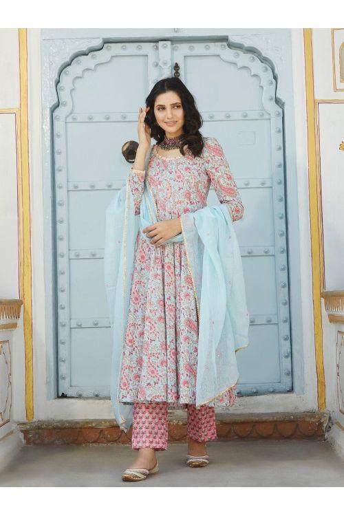 Firozi pink Anarkali Set - Indiakreations