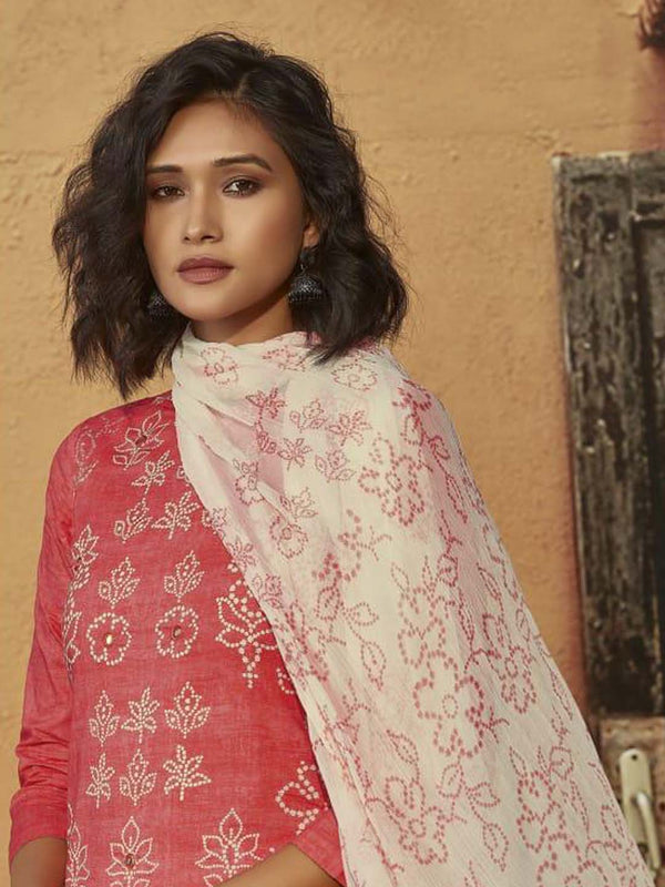 Elegant Cotton Digital Print Pink Unstitched Suit With Fine Mirror Work