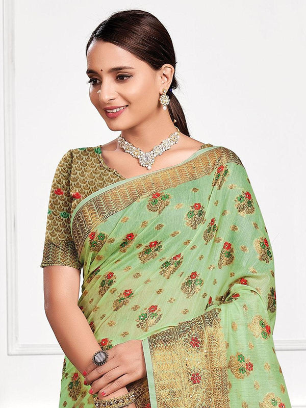 Women's Pista Cotton Heavy Jari Wevon Designer Stone Saree - Odette