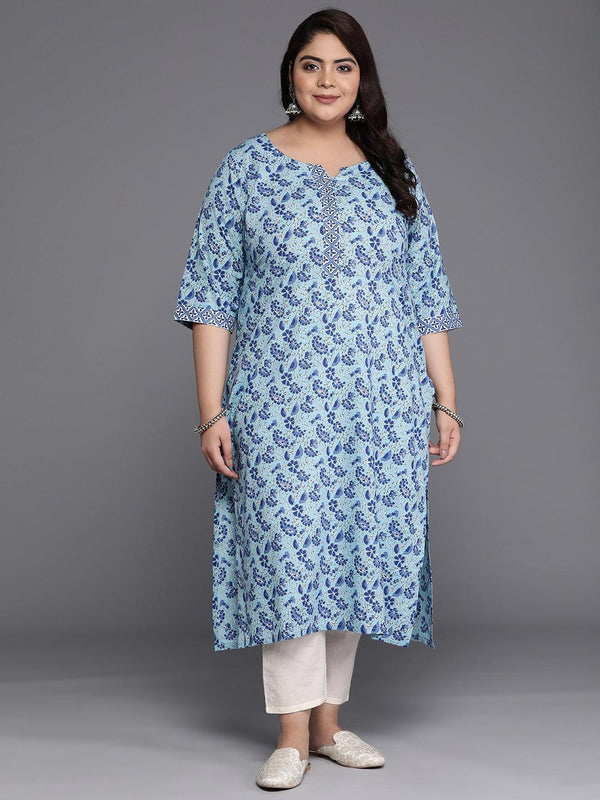 Plus Size Blue Printed Cotton Straight Kurta