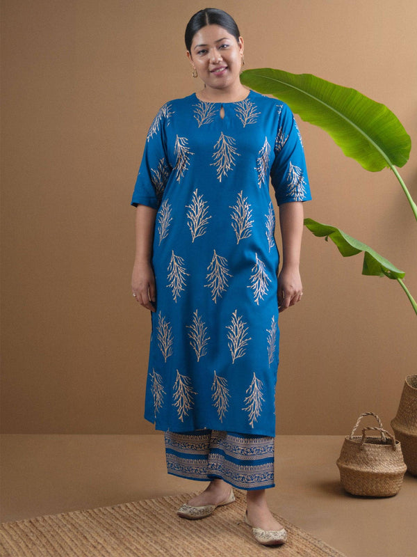 Plus Size Blue Printed Cotton Straight Kurta With Palazzos