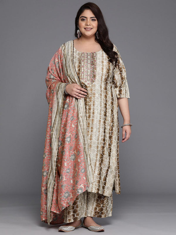 Plus Size Brown Yoke Design Silk Blend Straight Kurta With Trousers & Dupatta