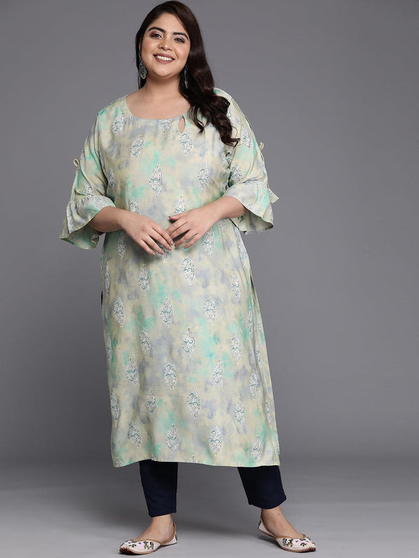 Plus Size Green Printed Silk Straight Kurta