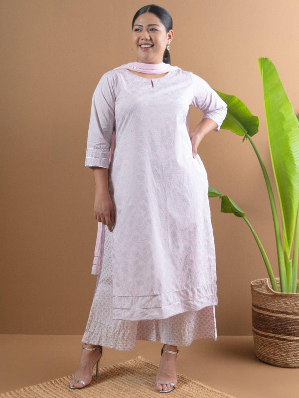 Plus Size Pink Printed Cotton Straight Kurta With Palazzos & Dupatta