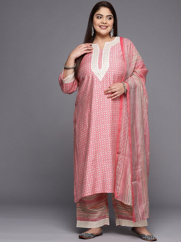 Plus Size Pink Printed Silk Blend Straight Kurta With Trousers & Dupatta