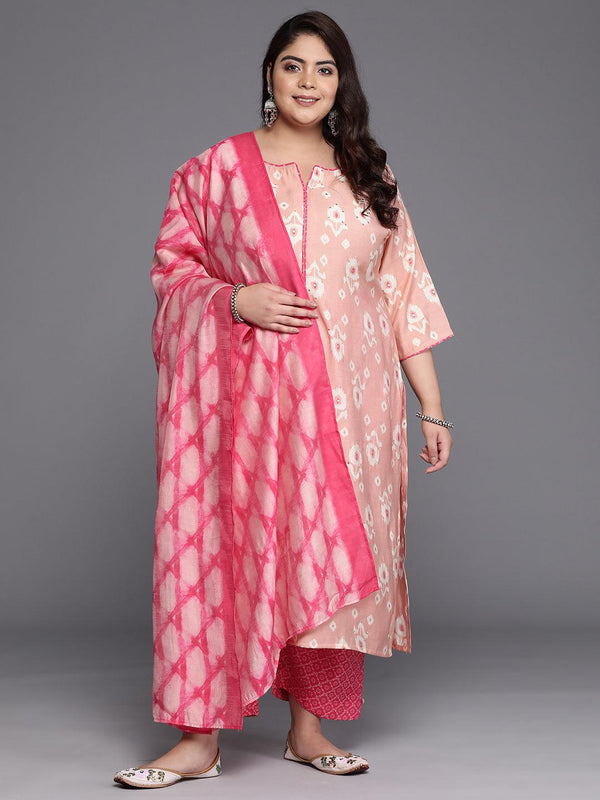 Plus Size Pink Printed Silk Blend Straight Kurta With Trousers & Dupatta