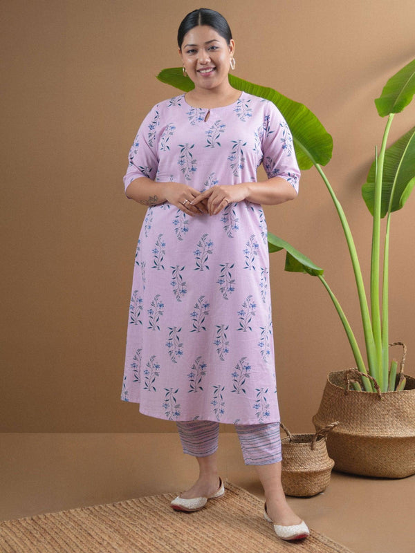 Plus Size Purple Printed Cotton A-Line Kurta With Trousers