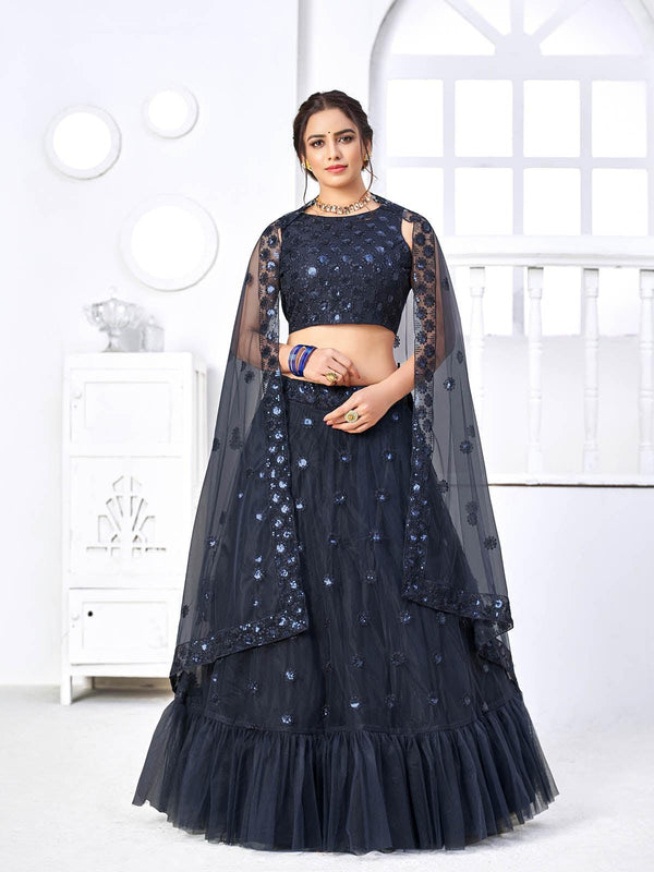 Women's Pretty Navy Net Lehenga Set - Odette