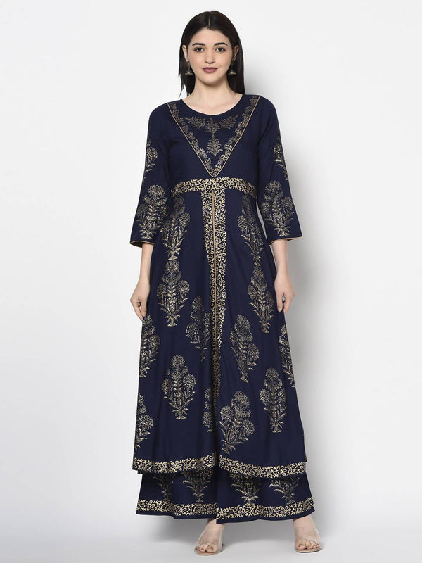 Women's Navy Blue Rayon Foil print Anarkali kurta - Aniyah