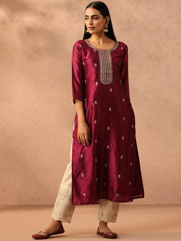 Purple Embroidered Silk Straight Kurta