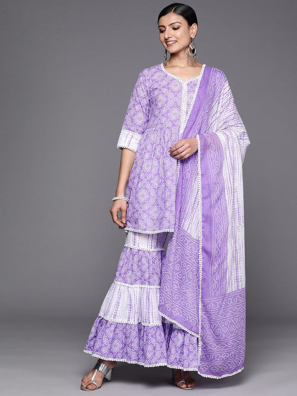 Purple Printed Cotton Anarkali Kurti With Sharara & Dupatta