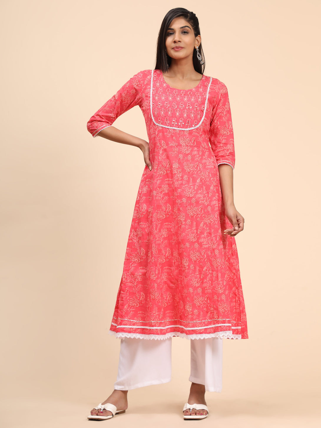 Women's Print & Embroidered A-Line Cotton Pink Stitched Kurta - Vbuyz