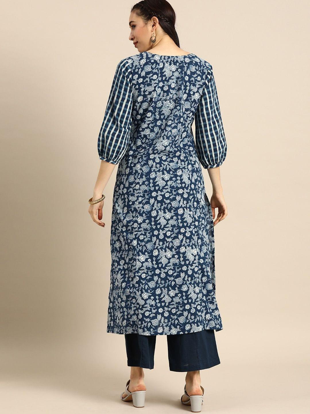 Blue & White Floral Printed Kurta - Indiakreations