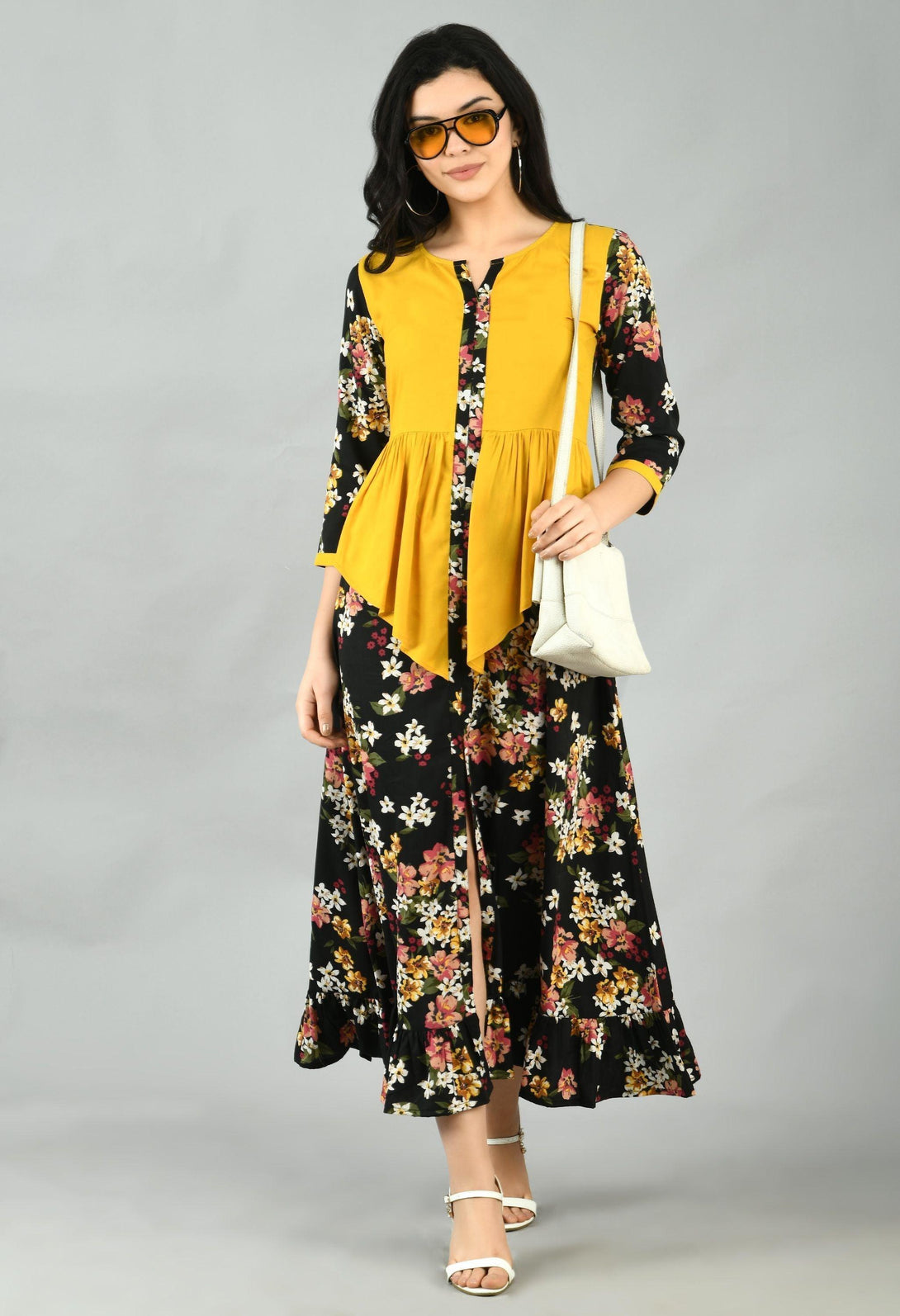 Women's Multi Polyester Printed 3/4 Sleeve Round Neck Casual Dress - Myshka - Indiakreations