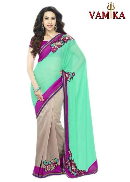 Women's Karishma Kapoor Cyan & Cream Designer Saree By Vamika - Vamika