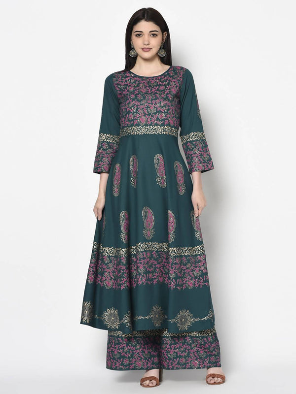 Women's Teal Blue Rayon Block print Anarkali Kurta - Aniyah