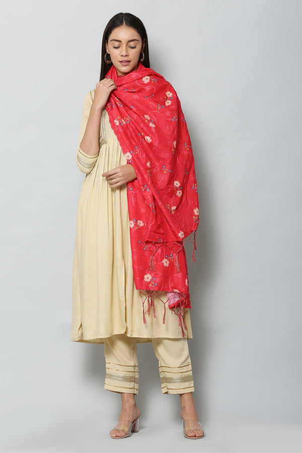 Women's Red Color Art Muslin Embroidery and Digital Printed Dupatta - VAABA