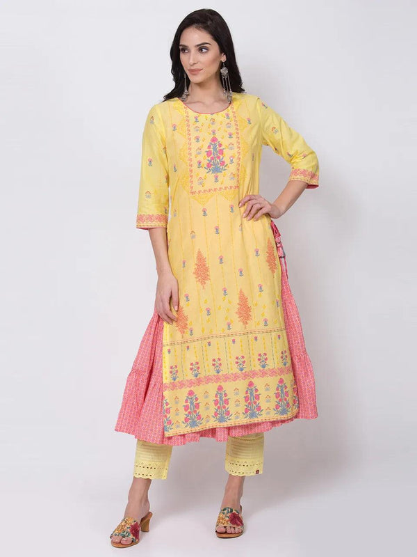 Women's Yellow Floral Kurta With Inner (Set of 2) - BIBA - Indiakreations