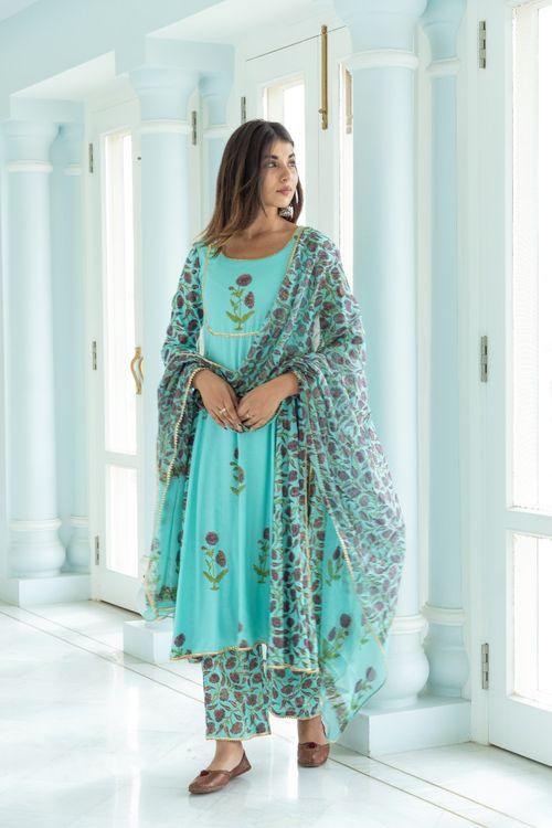 Turquoise Anarkali Suit Set - Indiakreations