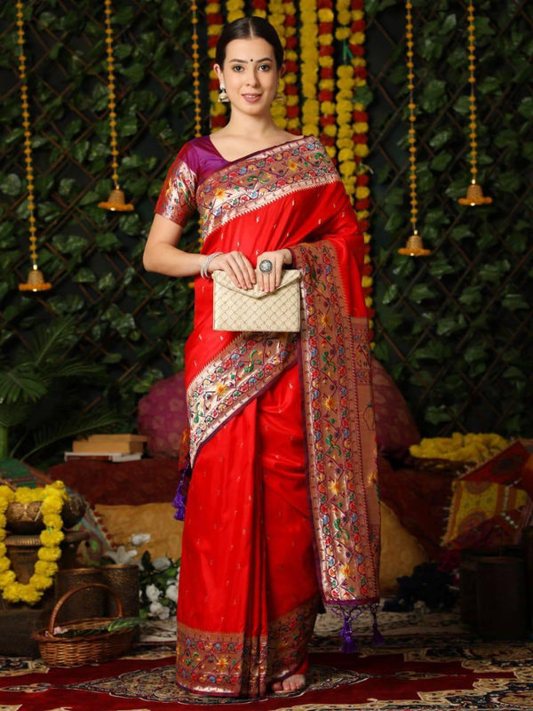 Red Banarasi Silk Paithani Saree - Indiakreations