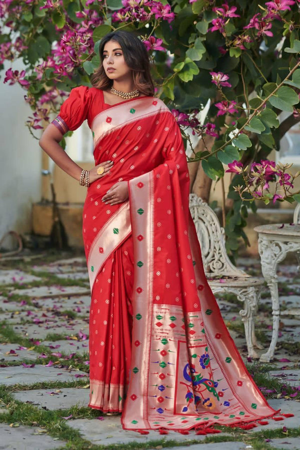 Red Banarasi Silk Saree - Indiakreations