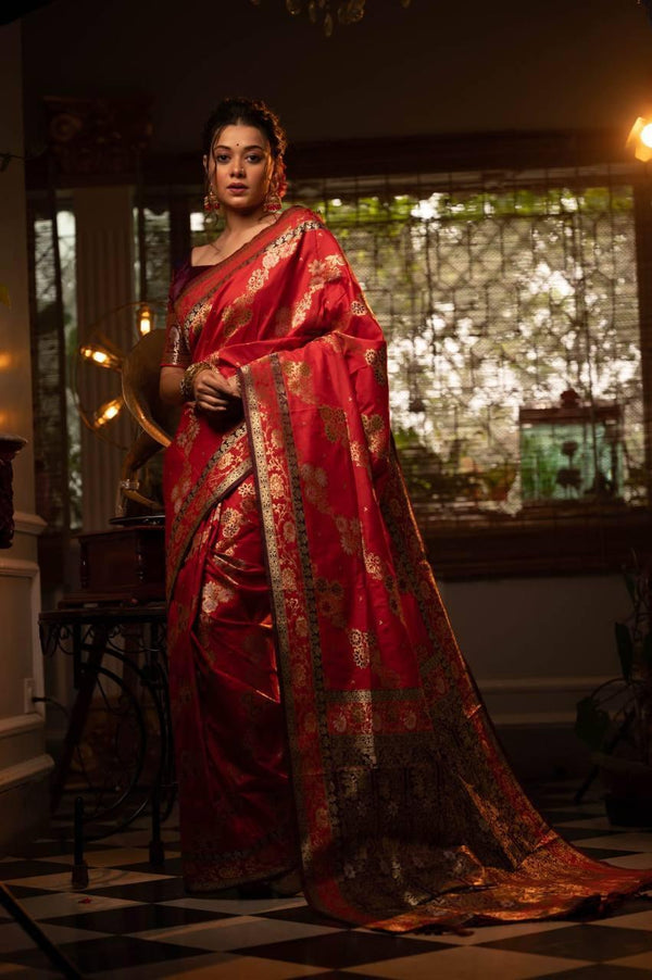 Red Banarasi Silk Saree - Indiakreations