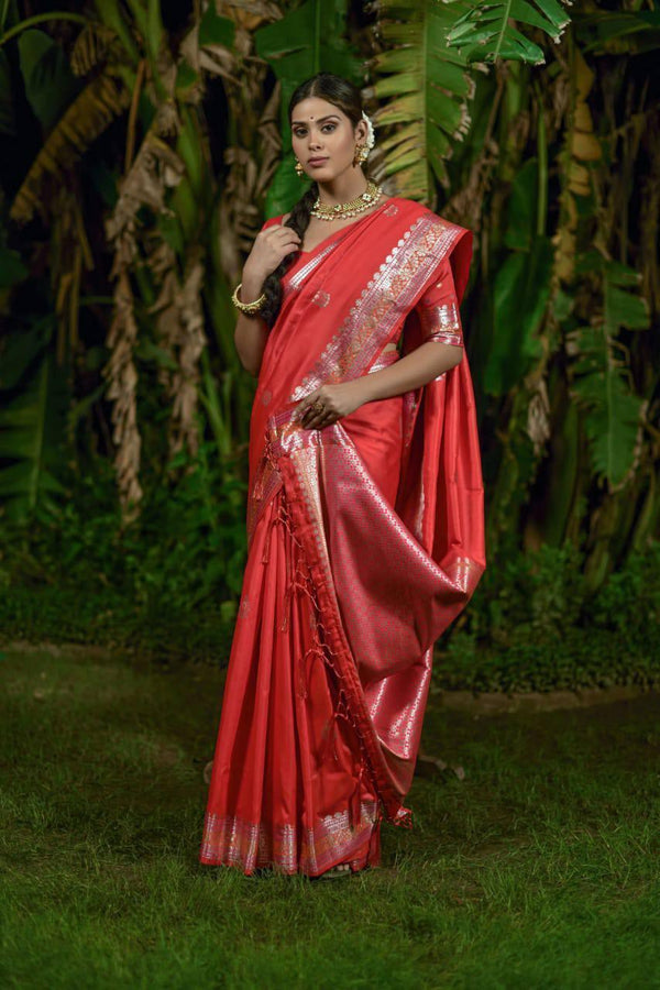 Red Banarasi Silk Saree - Indiakreations