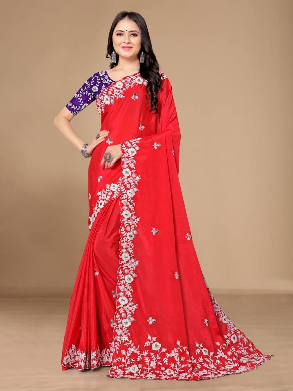 Red Floral Chinon Silk Saree - Indiakreations