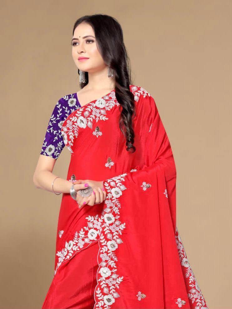 Red Floral Chinon Silk Saree - Indiakreations