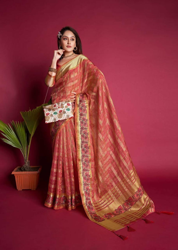 Red Organza Silk Saree - Indiakreations