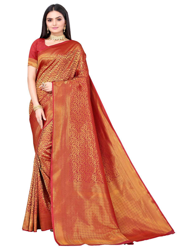 Women's Red Silk Blend Woven Saree With Blouse - Odette