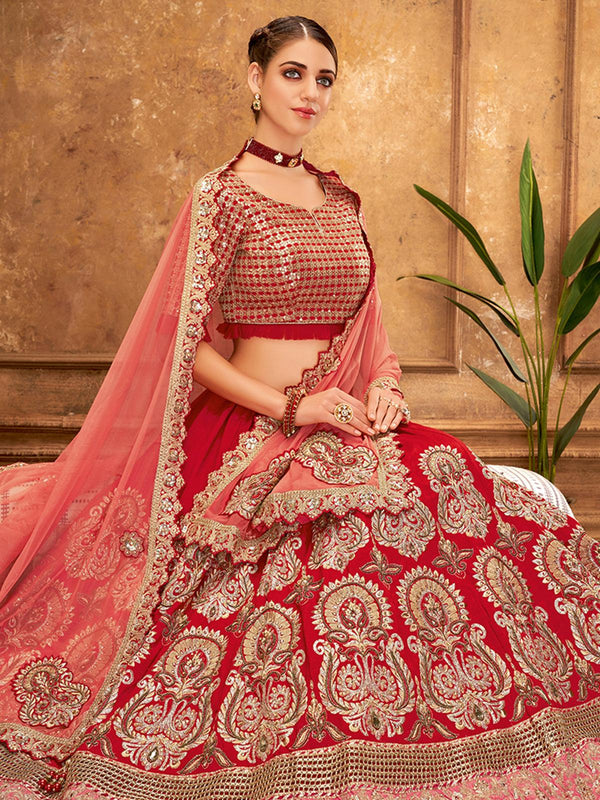 Women's Red Silk Designer Lehenga Choli - Odette