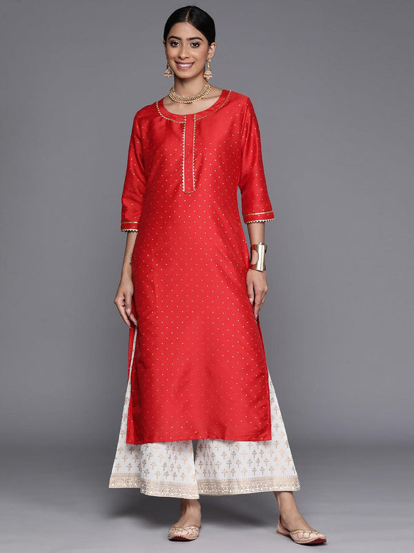 Red Woven Design Art Silk Straight Kurta