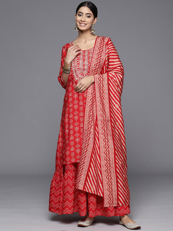 Red Yoke Design Silk Blend Straight Kurta With Skirt & Dupatta
