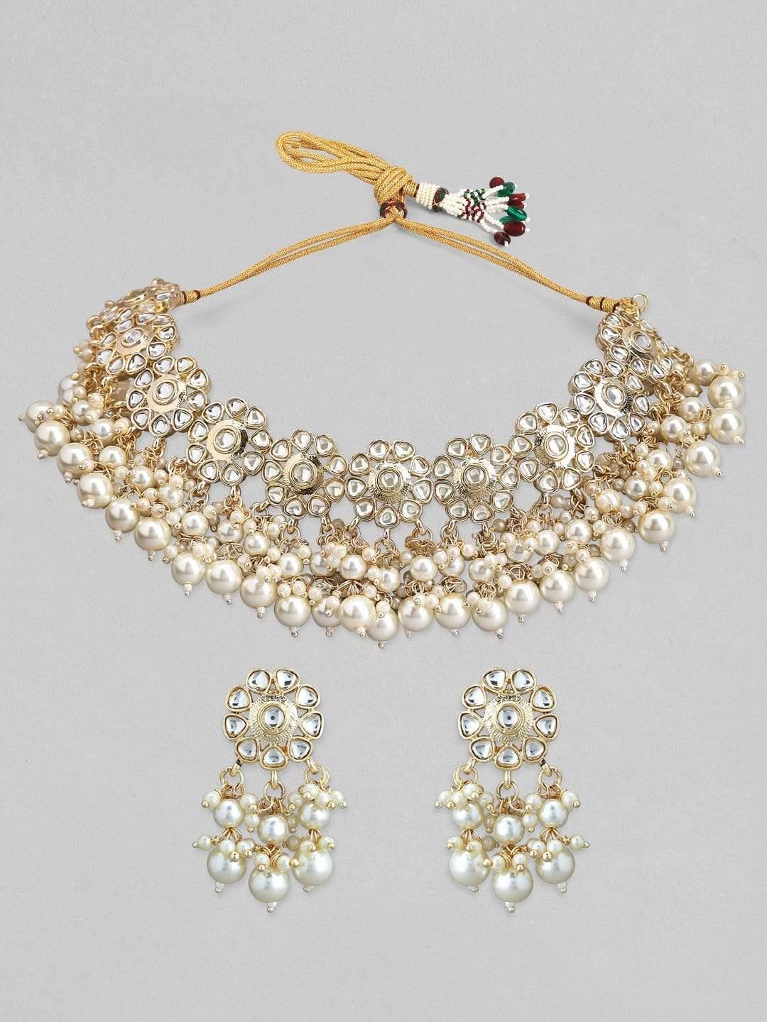 Ritu Singh in Rubans Gold Plated Handcrafted White Beads Kundan Necklace Set - Indiakreations