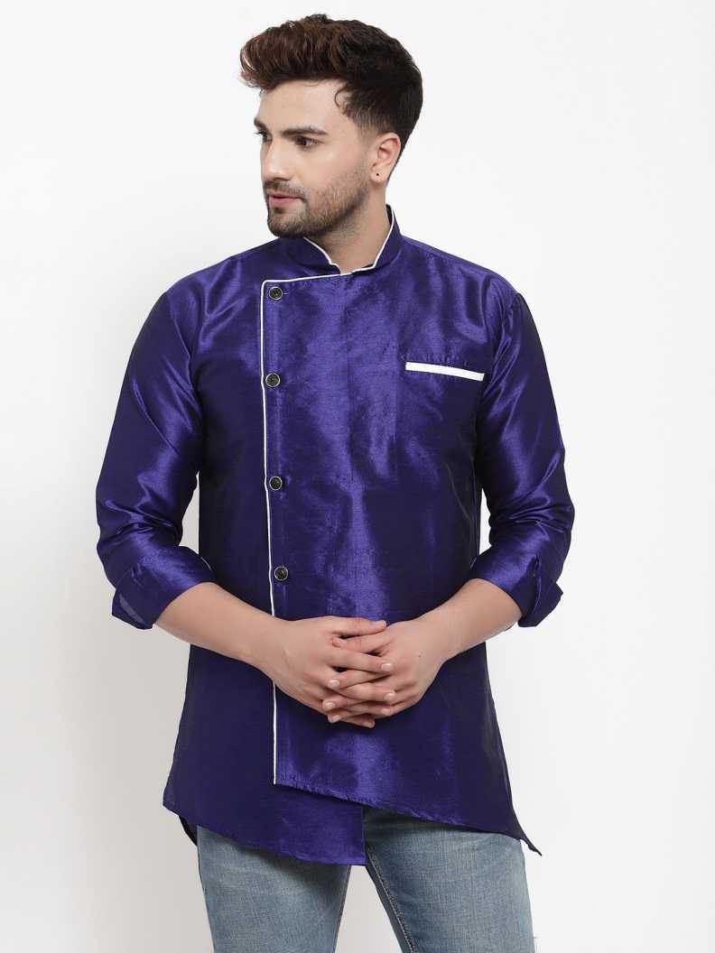 Men's Silk Blend Royal Blue Asymmetrica Short Kurta - Benstoke - Indiakreations