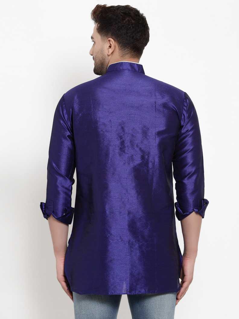 Men's Silk Blend Royal Blue Asymmetrica Short Kurta - Benstoke - Indiakreations